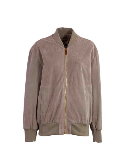 Shop ELISABETTA FRANCHI  Jacket: Elisabetta Franchi suede bomber jacket.
She lining in logoed satin.
Zip and golden metal accessory.
Genuine suede bomber jacket with knitted trim.
It features an embossed logo on the chest.
Oversized fit.
Composition: 100% Leather.
Made in Italy.. GD38Z41E2-155